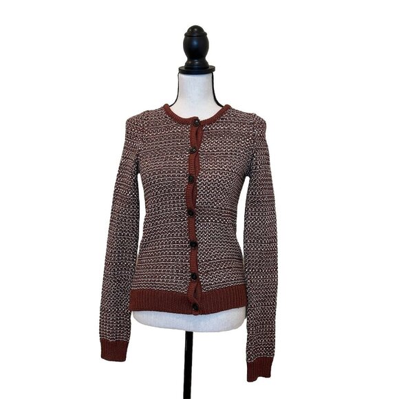 Theory Sweater Women’s XS Brown & White Knit Button Up Cardigan No Size Tag - Picture 1 of 9